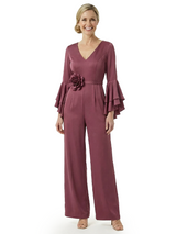 Beautiful V-Neck Long Sleeves Floral Detail Satin Mother Of The Bride Jumpsuit
