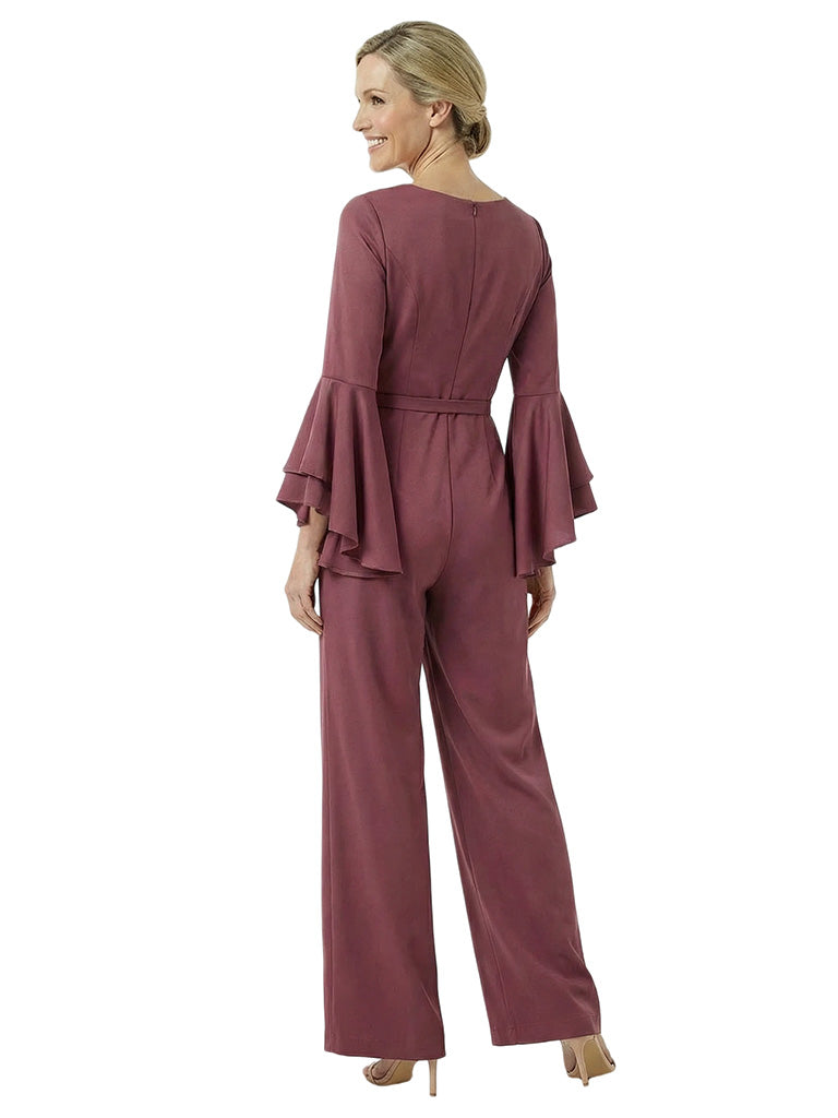 Beautiful V-Neck Long Sleeves Floral Detail Satin Mother Of The Bride Jumpsuit