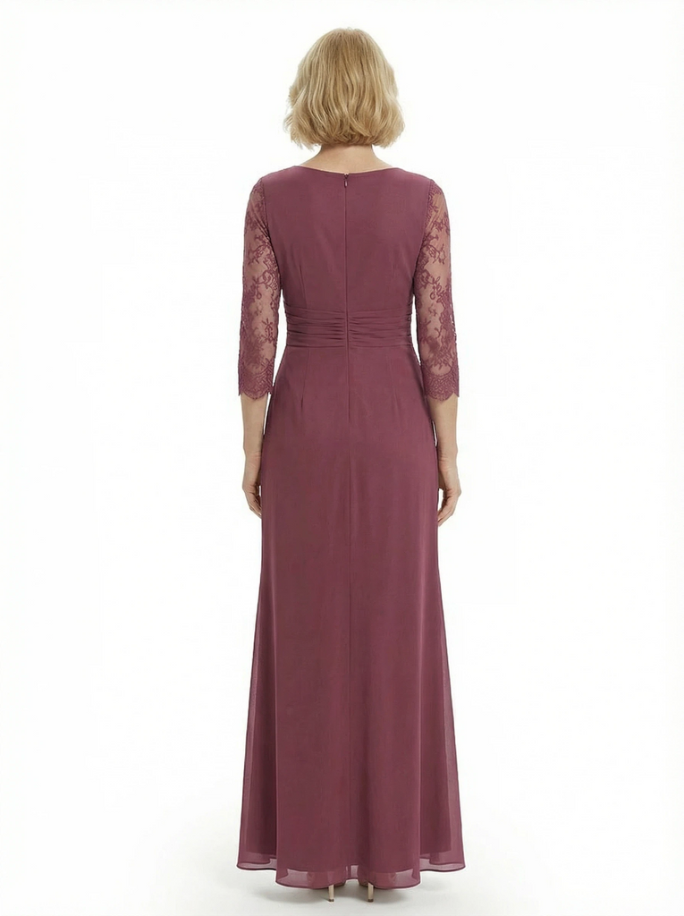 Chicsew Timeless Lace Long Sleeves Sheath Chiffon Gown Ruched Mother Of The Groom Dress Floor Length