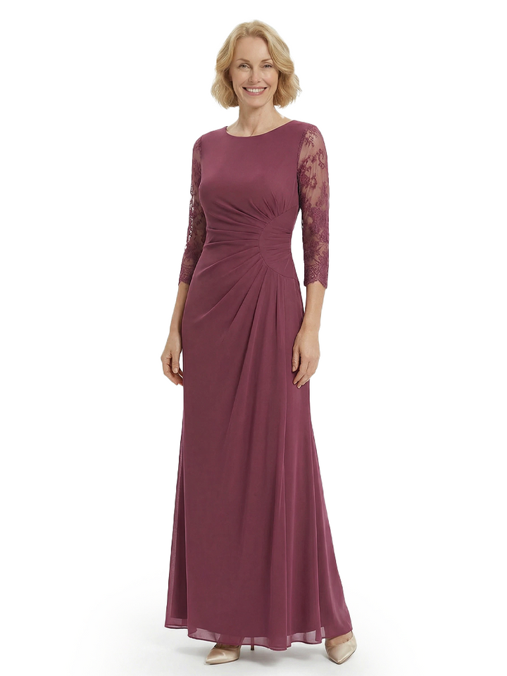 Chicsew Timeless Lace Long Sleeves Sheath Chiffon Gown Ruched Mother Of The Groom Dress Floor Length