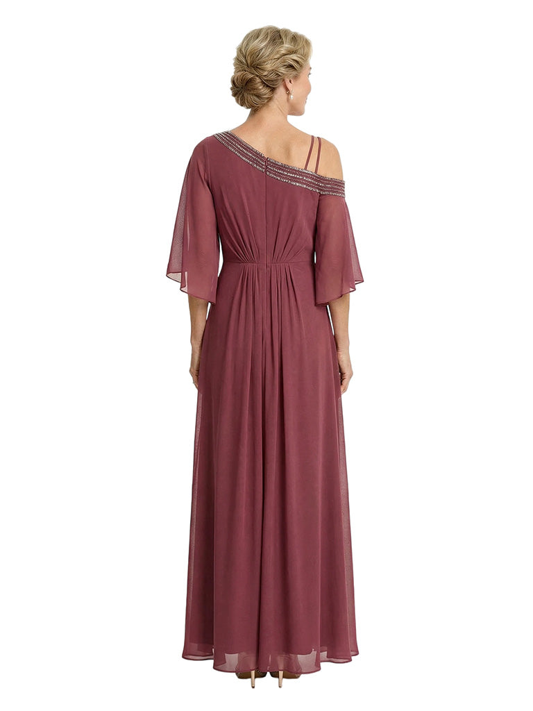 Chicsew Elegant Beaded One Shoulder Bell Sleeves Chiffon Mother of The Bride Gown