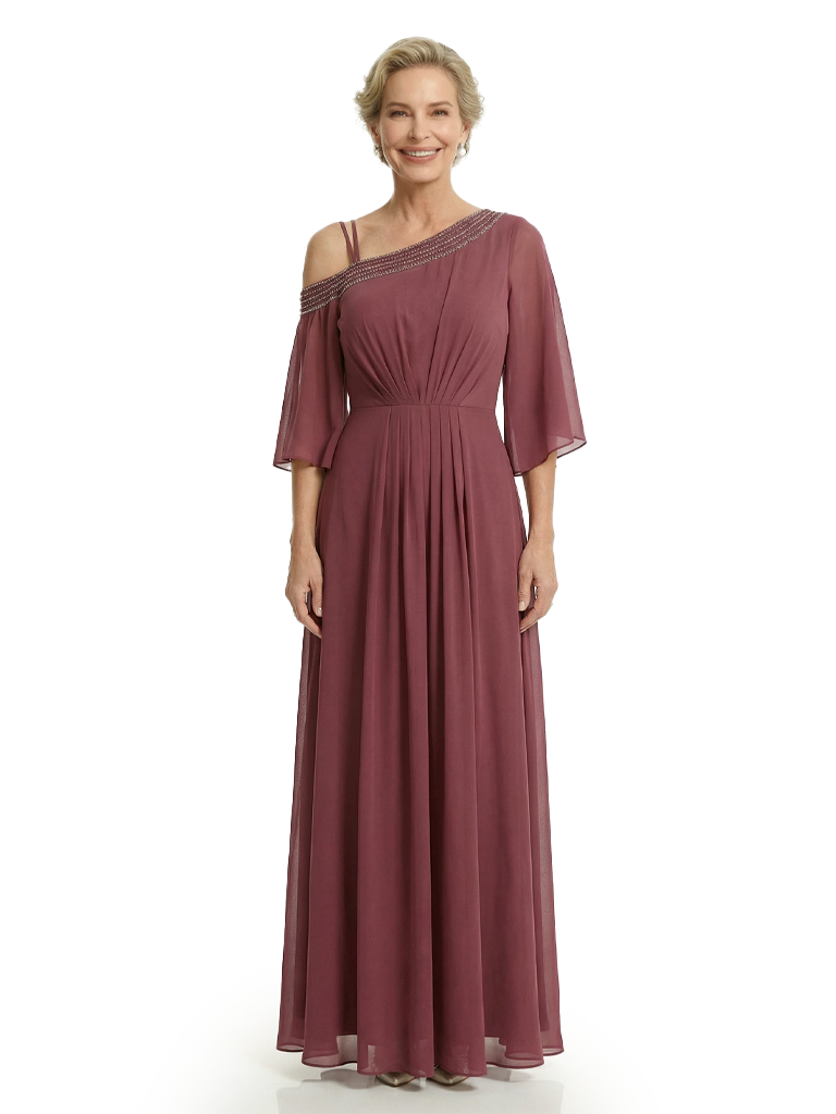 Chicsew Elegant Beaded One Shoulder Bell Sleeves Chiffon Mother of The Bride Gown