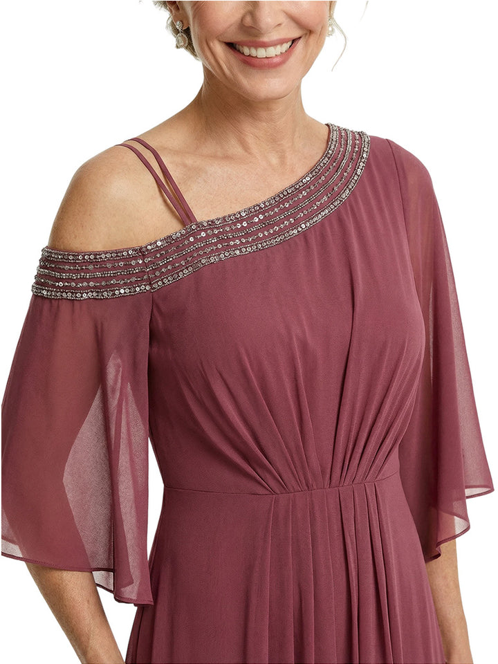 Chicsew Elegant Beaded One Shoulder Bell Sleeves Chiffon Mother of The Bride Gown