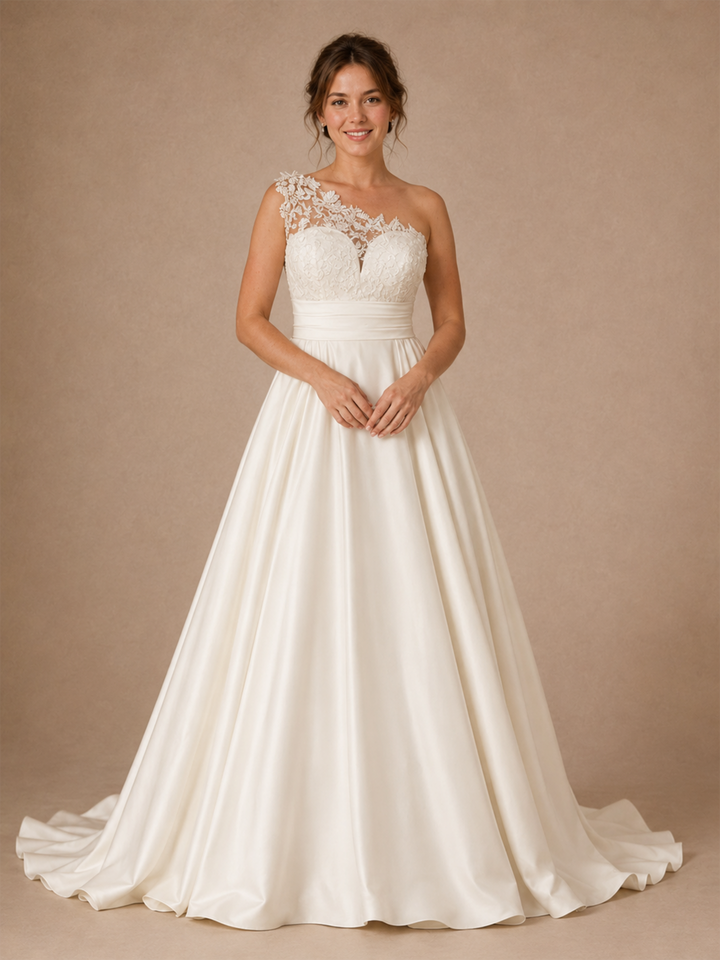 ChicSew Romantic Asymmetric One Shoulder Lace Appliques Satin A-Line Maxi Wedding Dress