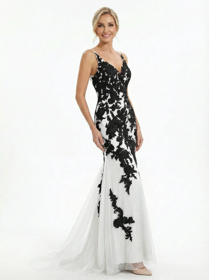 Black and White Mermaid Spaghetti Straps Maxi Long Tulle And Lace Wedding Dresses