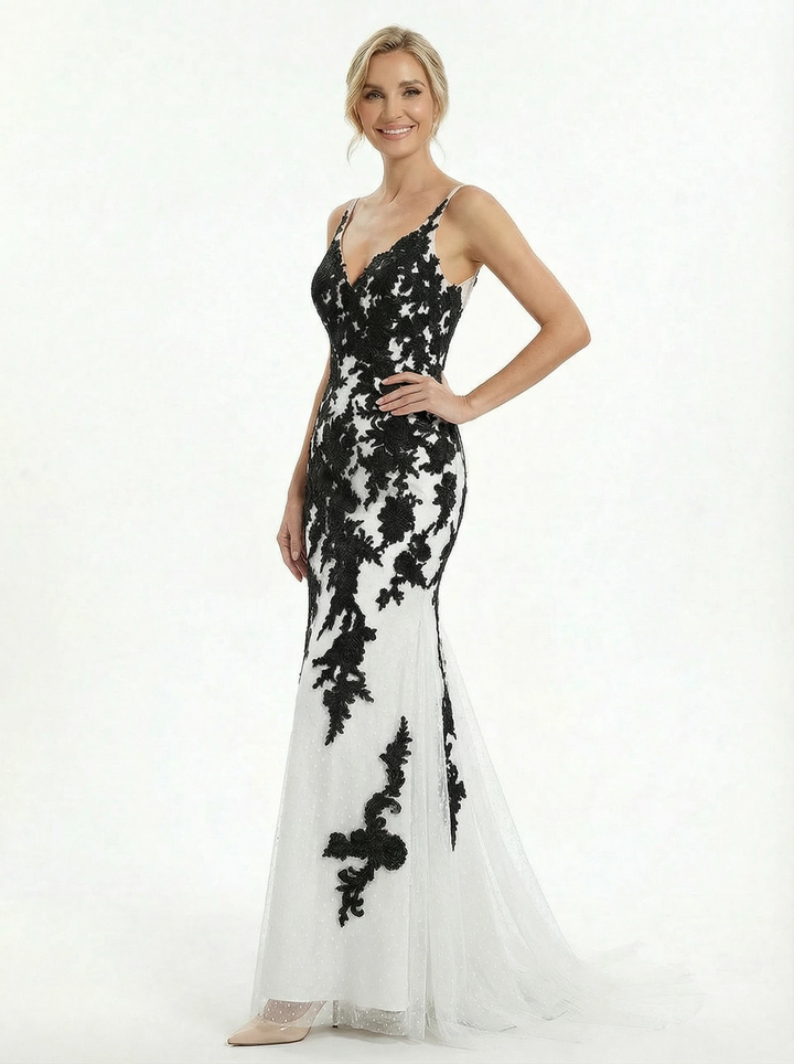 Black and White Mermaid Spaghetti Straps Maxi Long Tulle And Lace Wedding Dresses