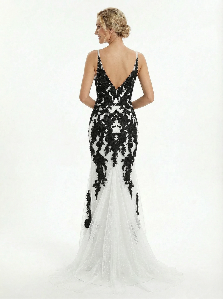 Black and White Mermaid Spaghetti Straps Maxi Long Tulle And Lace Wedding Dresses