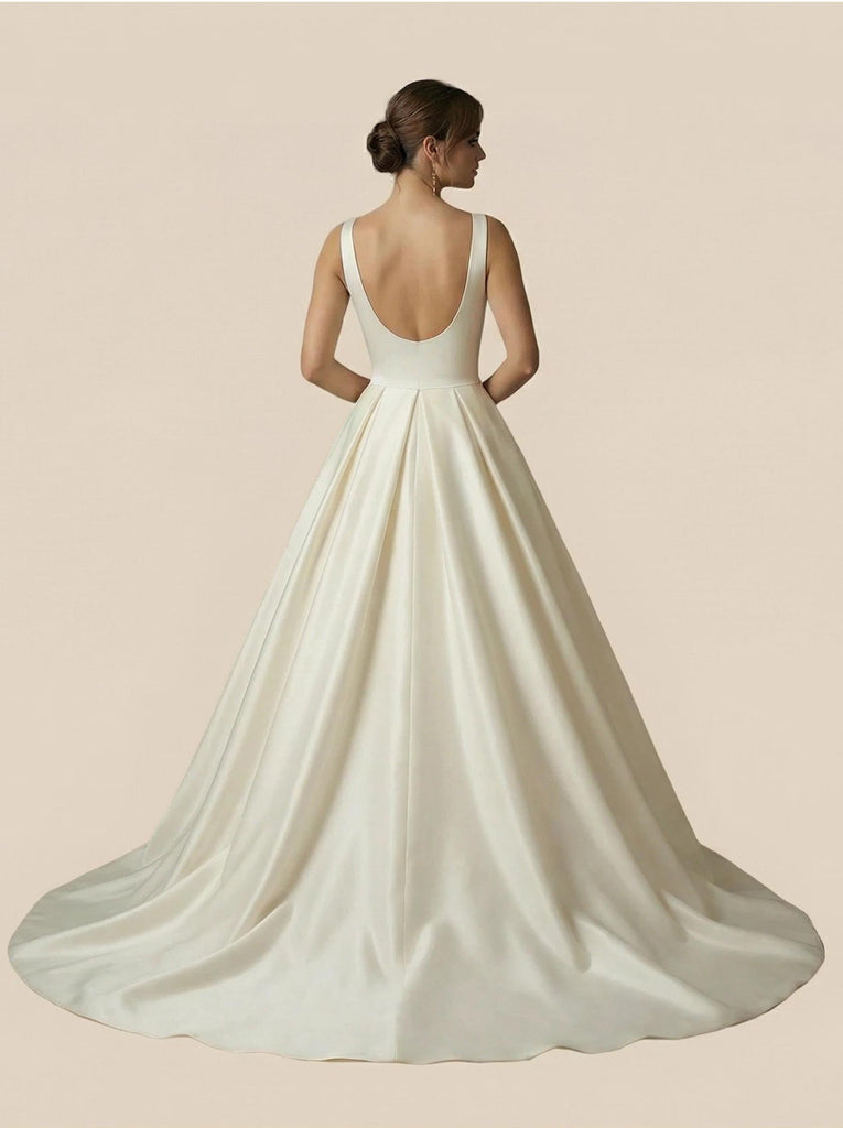 A-Line Spaghetti Straps V-Neck Maxi Long Satin Wedding Dresses Gowns Online