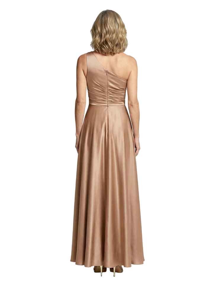 Elegant One Shoulder Satin Mother of The Bride Dress Floor-Length A-Line Gown with Ruched Bodice Classy Wedding Guest Attire