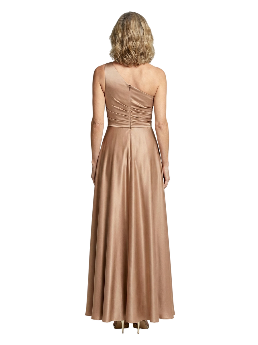 Elegant One Shoulder Satin Mother of The Bride Dress Floor-Length A-Line Gown with Ruched Bodice Classy Wedding Guest Attire