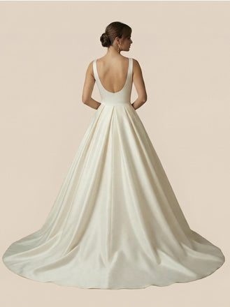 A-Line Spaghetti Straps V-Neck Maxi Long Satin Wedding Dresses Gowns Online