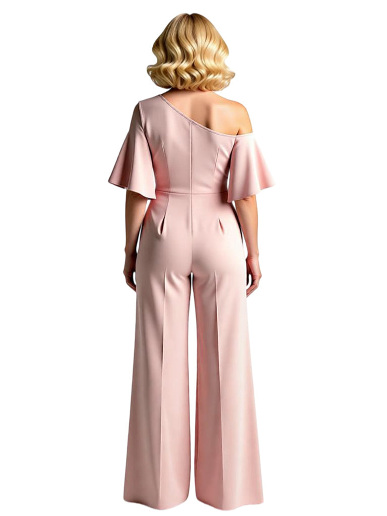 Chicsew Chic One Shoulder Bell Sleeves Satin Floor Length Mother of The Bride Jumpsuit