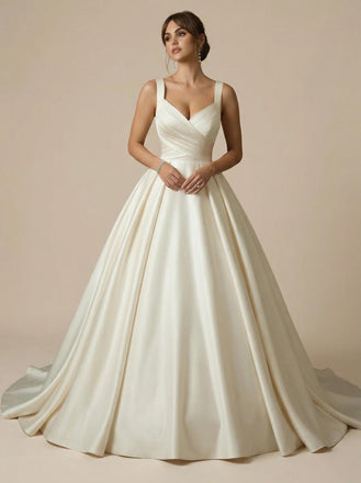 A-Line Spaghetti Straps V-Neck Maxi Long Satin Wedding Dresses Gowns Online