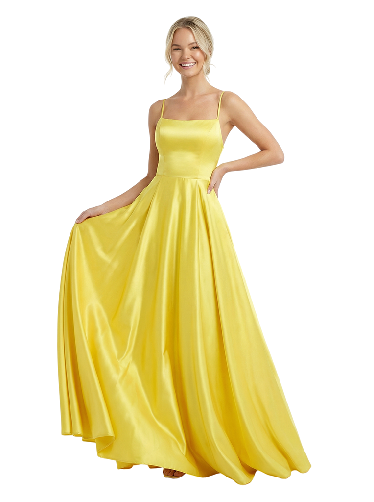 Elegant Spaghetti Strap Formal Gown Satin Prom Dress Flowy Evening Dresses Square Neck for Special Occasions