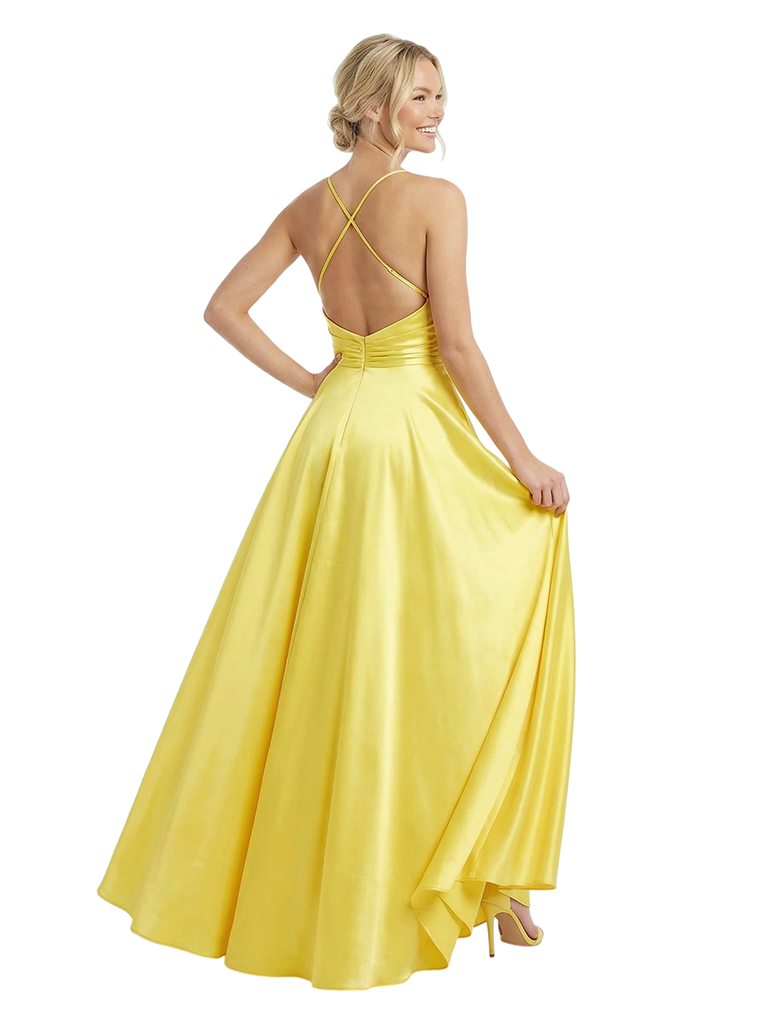 Elegant Spaghetti Strap Formal Gown Satin Prom Dress Flowy Evening Dresses Square Neck for Special Occasions