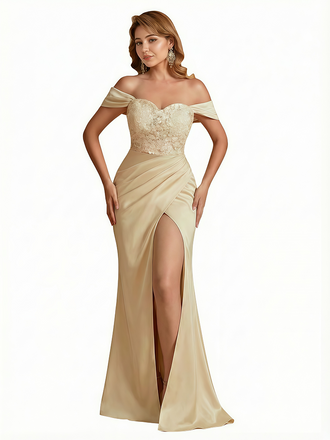 Sexy Off The Shoulder Lace Applique Side Slit Mermaid Silky Satin Maxi Evening Dresses For Women