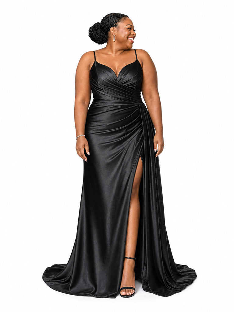 ChicSew Unique Spaghetti Straps V-Neck Side Slit Ruched Mermaid Soft Satin Floor-Length Bridesmaid Dresses