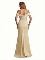 Sexy Off The Shoulder Lace Applique Side Slit Mermaid Silky Satin Maxi Evening Dresses For Women