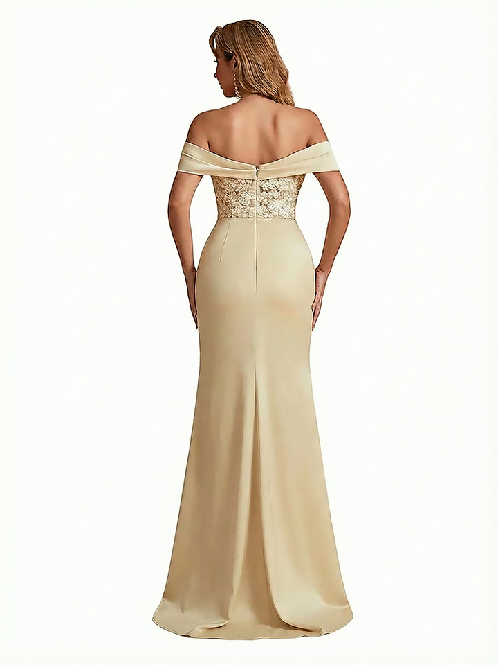 Sexy Off The Shoulder Lace Applique Side Slit Mermaid Silky Satin Maxi Evening Dresses For Women