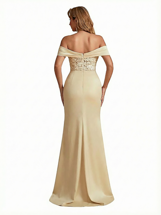 Sexy Off The Shoulder Lace Applique Side Slit Mermaid Silky Satin Maxi Evening Dresses For Women