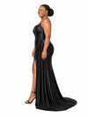 ChicSew Unique Spaghetti Straps V-Neck Side Slit Ruched Mermaid Soft Satin Floor-Length Bridesmaid Dresses