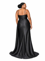 ChicSew Unique Spaghetti Straps V-Neck Side Slit Ruched Mermaid Soft Satin Floor-Length Bridesmaid Dresses