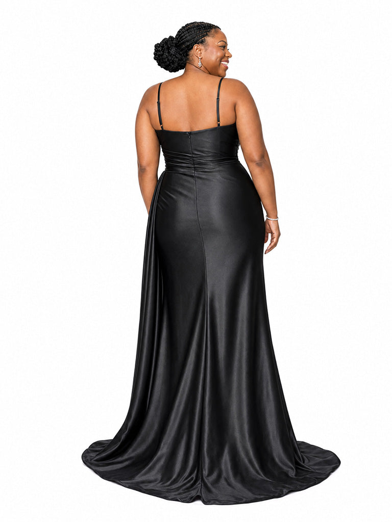 ChicSew Unique Spaghetti Straps V-Neck Side Slit Ruched Mermaid Soft Satin Floor-Length Bridesmaid Dresses