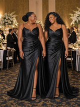 ChicSew Unique Spaghetti Straps V-Neck Side Slit Ruched Mermaid Soft Satin Floor-Length Bridesmaid Dresses