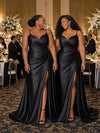 ChicSew Unique Spaghetti Straps V-Neck Side Slit Ruched Mermaid Soft Satin Floor-Length Bridesmaid Dresses