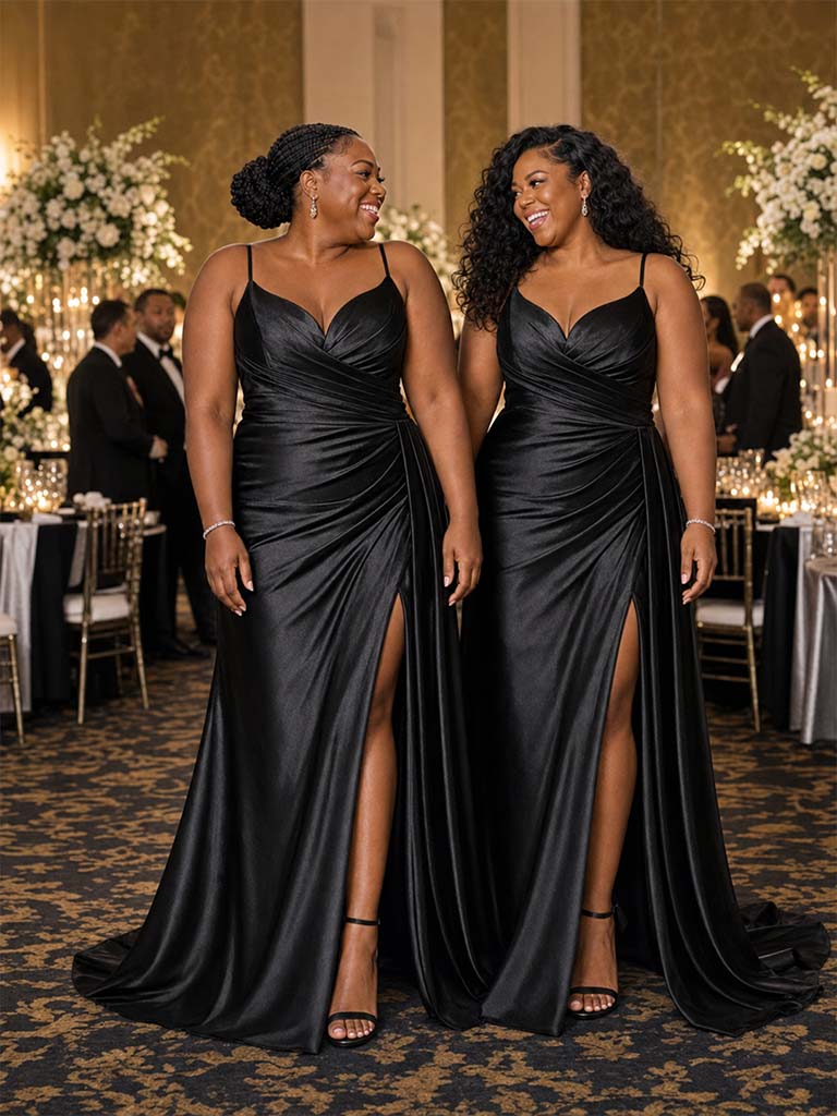 ChicSew Unique Spaghetti Straps V-Neck Side Slit Ruched Mermaid Soft Satin Floor-Length Bridesmaid Dresses