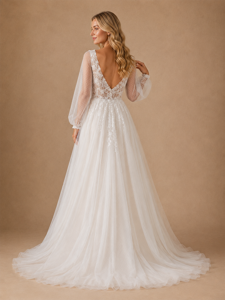 ChicSew Fancy V-Neck Tulle Long Sleeves Lace Maxi A-Line Wedding Dresses