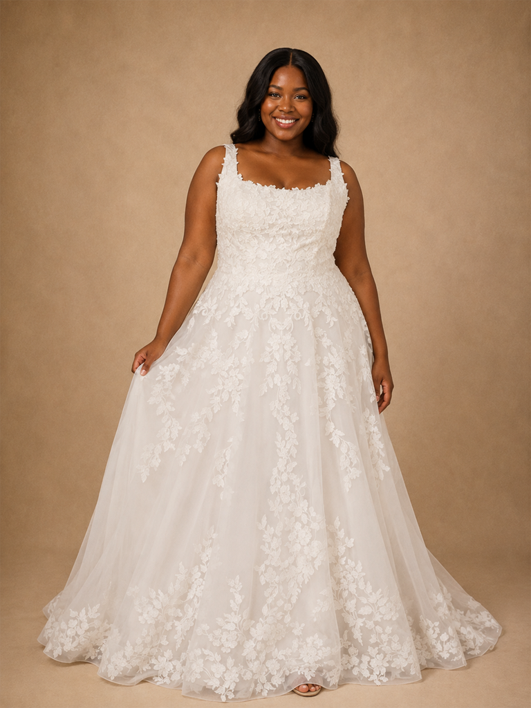 ChicSew Romantic Spaghetti Straps Square Neck Lace Appliques Tulle A-Line Wedding Dress