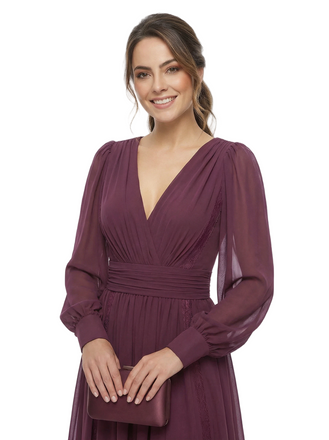 Chicsew Elegant V-Neck Chiffon Long Sleeves Ruched Side Slit Maxi Mother Of The Bride Dress