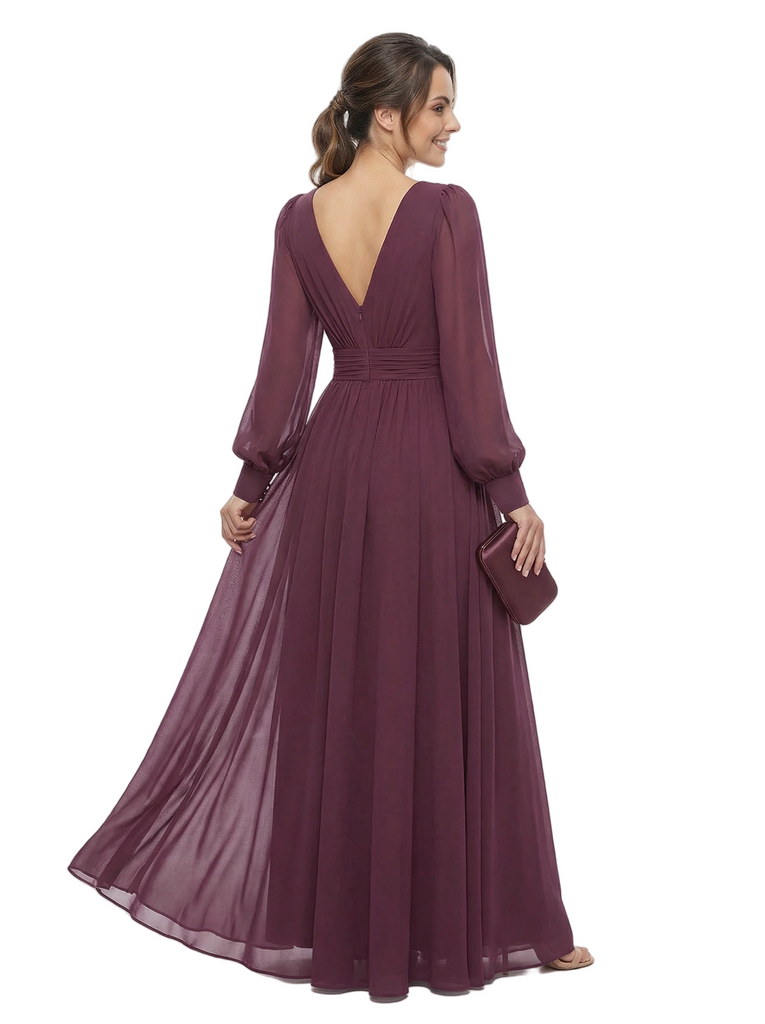 Chicsew Elegant V-Neck Chiffon Long Sleeves Ruched Side Slit Maxi Mother Of The Bride Dress