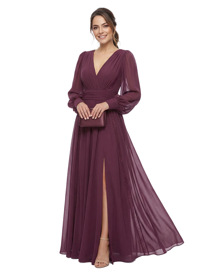 Chicsew Elegant V-Neck Chiffon Long Sleeves Ruched Side Slit Maxi Mother Of The Bride Dress