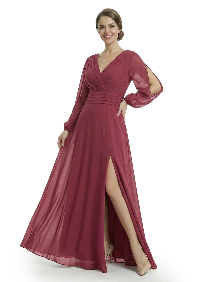 Chicsew Modern V-Neck Split Long Sleeves Mother Of The Groom Gown Chiffon Maxi Dress