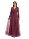 Chicsew Lace V-Neck Long Sleeves Mother Of The Bride Gown Floor-Length Tulle Party Dress
