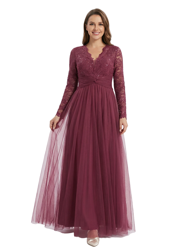 Chicsew Lace V-Neck Long Sleeves Mother Of The Bride Gown Floor-Length Tulle Party Dress