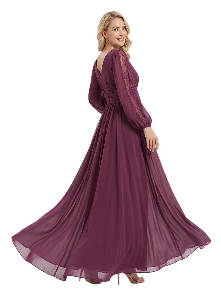 Chicsew Classy V-Neck Long Sleeves Mother Of The Bride Dress Ruched Chiffon A-Line Gown