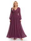 Chicsew Classy V-Neck Long Sleeves Mother Of The Bride Dress Ruched Chiffon A-Line Gown