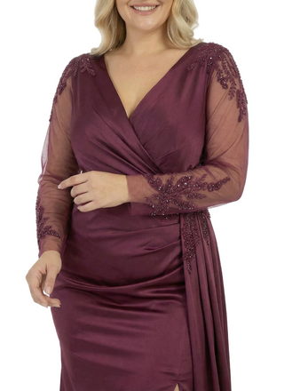 Chicsew Plus Size Lace V-Neck Long Sleeves Side Slit Mother Of The Bride Dress With Waist Drape