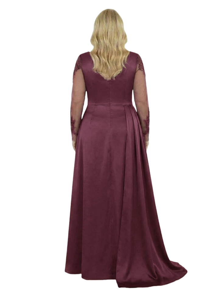 Chicsew Plus Size Lace V-Neck Long Sleeves Side Slit Mother Of The Bride Dress With Waist Drape