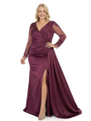 Chicsew Plus Size Lace V-Neck Long Sleeves Side Slit Mother Of The Bride Dress With Waist Drape