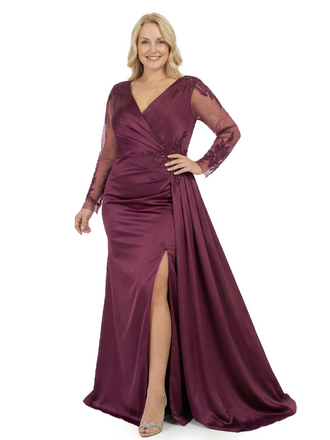Chicsew Plus Size Lace V-Neck Long Sleeves Side Slit Mother Of The Bride Dress With Waist Drape