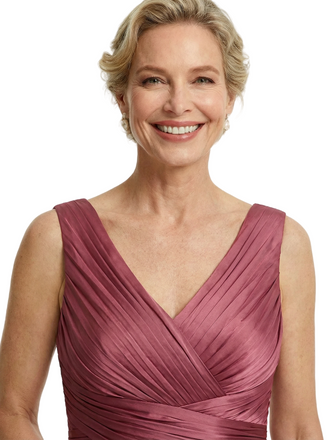 Chicsew Classy Sleeveless V-Neck Pleated Silky Satin Mother Of The Bride Midi Dress