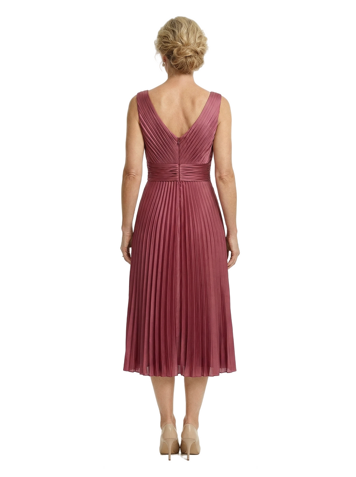 Chicsew Classy Sleeveless V-Neck Pleated Silky Satin Mother Of The Bride Midi Dress
