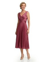 Chicsew Classy Sleeveless V-Neck Pleated Silky Satin Mother Of The Bride Midi Dress