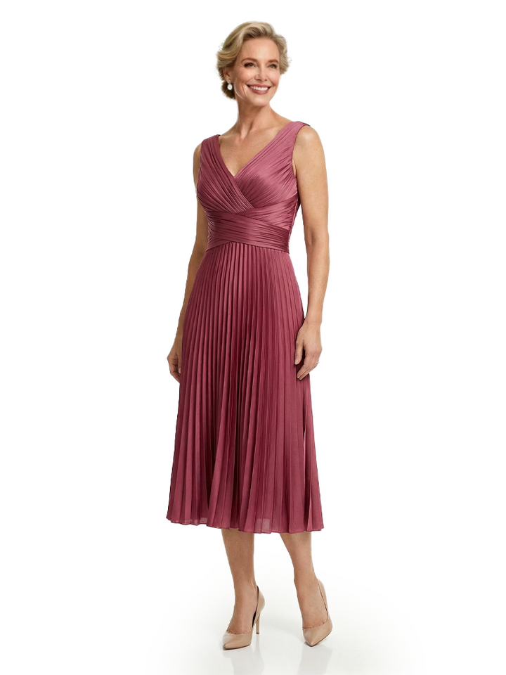 Chicsew Classy Sleeveless V-Neck Pleated Silky Satin Mother Of The Bride Midi Dress