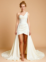 Unique One Shoulder Sheath Satin Cocktail Wedding Dress Wedding Gowns With Detachable Skirt