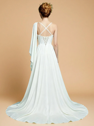 Unique One Shoulder Sheath Satin Mini Wedding Dress Wedding Gowns With Train